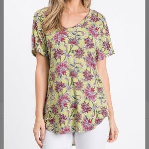 Yellow & Green Floral SS V-Neck Top, M